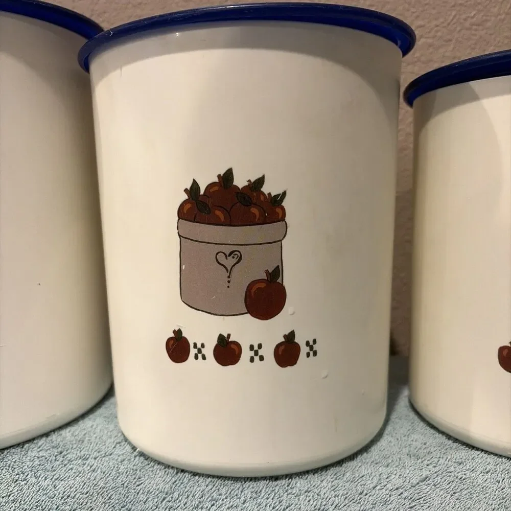 VINTAGE TUPPERWARE “An Apple a Day” WHITE/BLUE TOPS SET OF 3 ONETOUCH CANISTERS